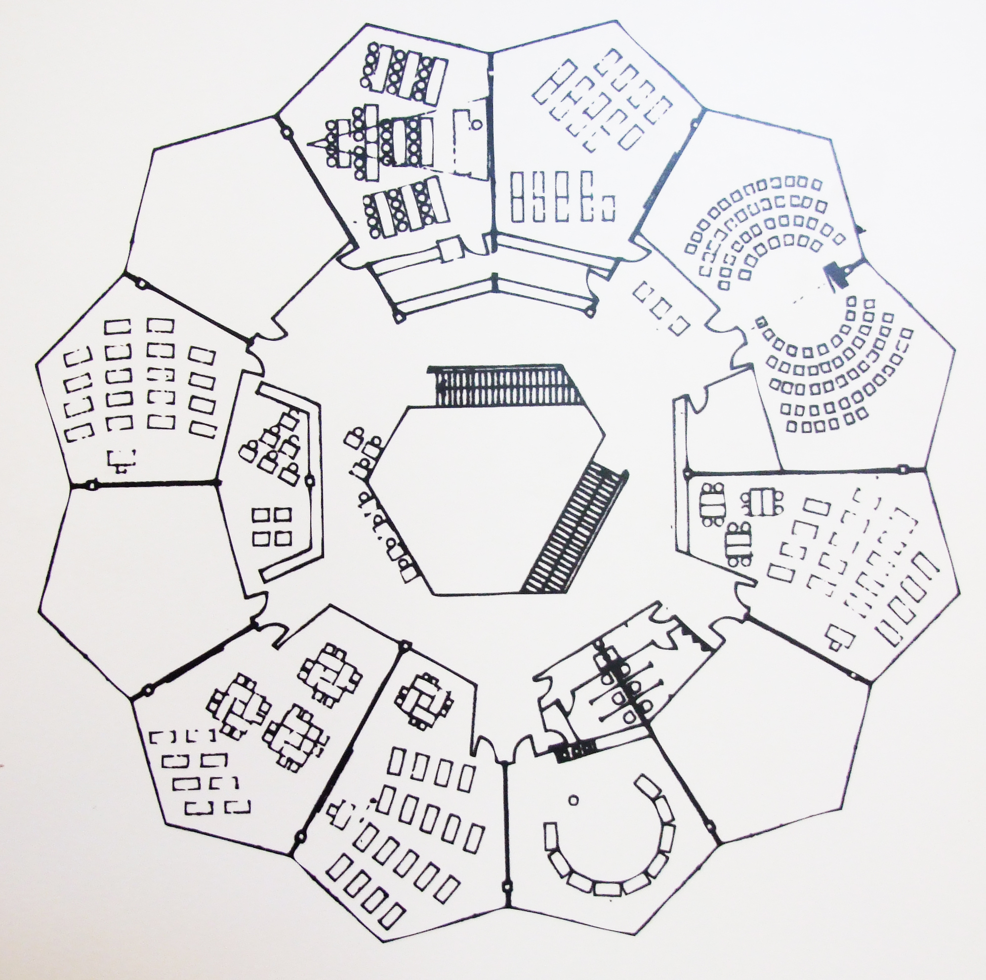 _oppelsbohm gimnszk behnischpartner1969 vázszerk, szögű, mozgathatfalakhatárolt osztályk aula körül, az osztályok előtti kieg térmosd v tanuló v kieg teremterület