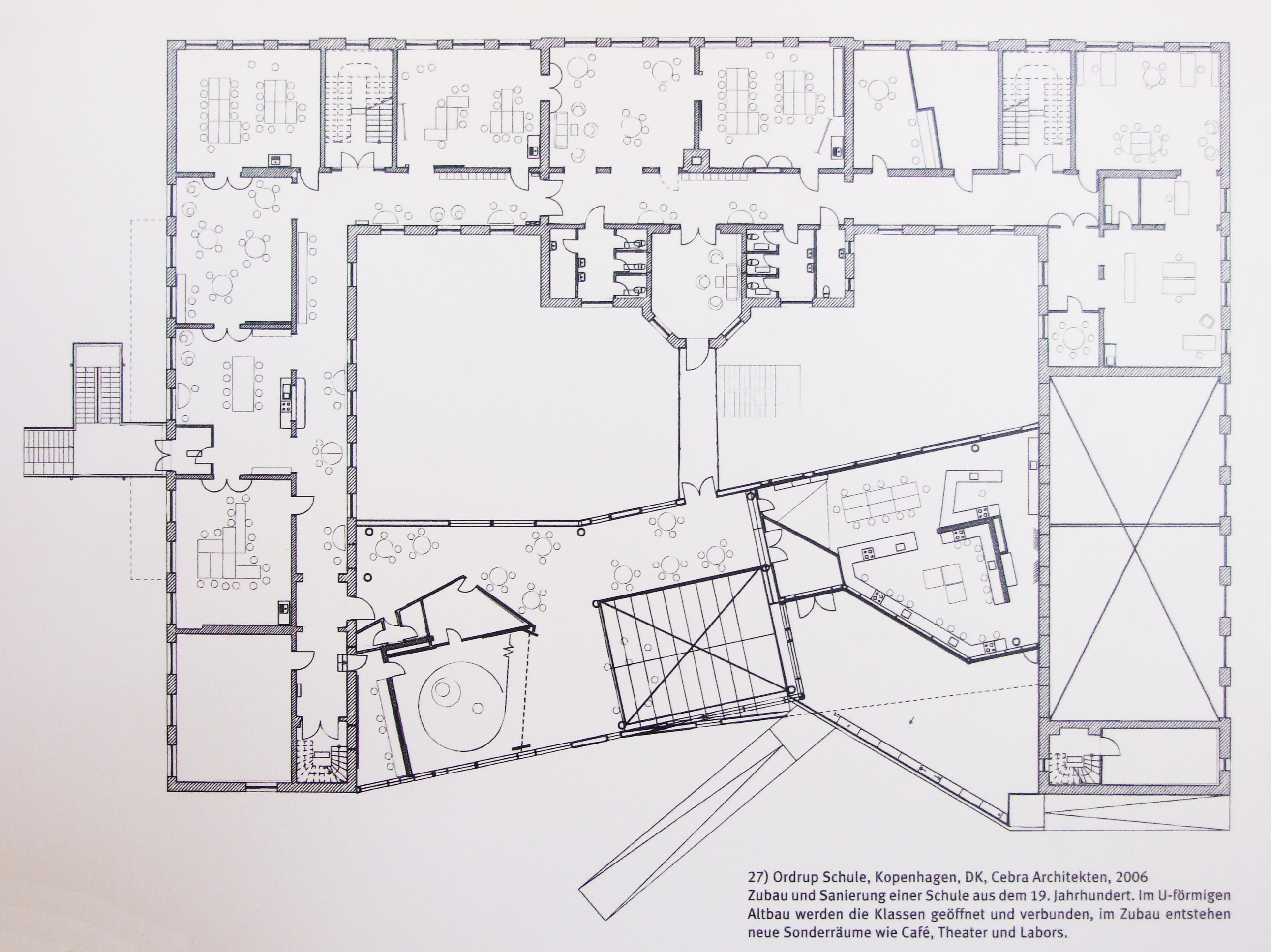 _ordrup cph hozzáépítés és felújítás cebra arkitekten 2006 19századi U formájú régi épület az osztályokat egybenyitották és összekötötték a hozzáépítésben új pl
