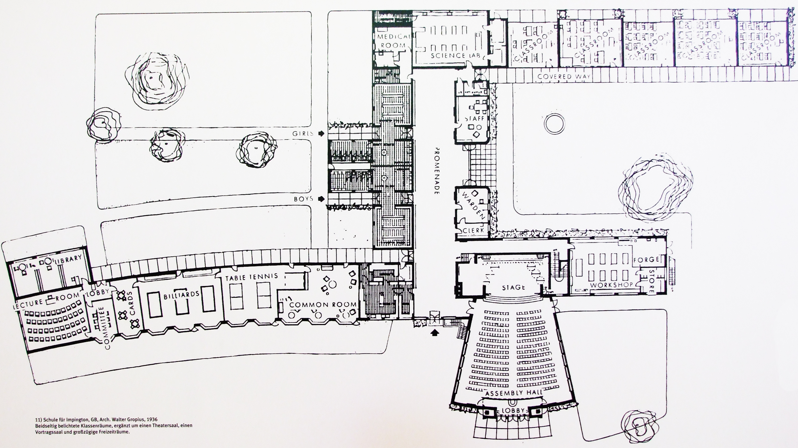_w gropius impington 1936 kétoldalt világított termek színházterem előadóterem szabadidőterem